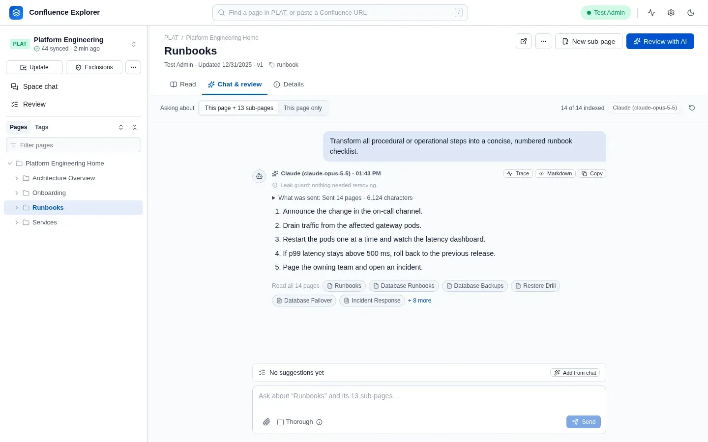 A chat about a page and the pages under it, with the leak guard note above the answer