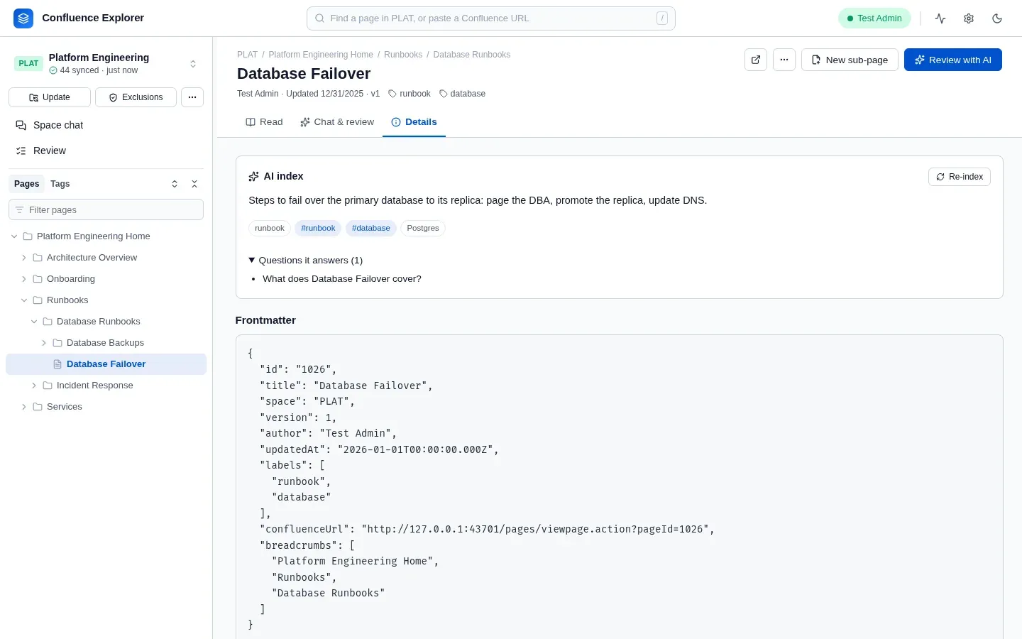 The Details tab, with a page's entry in the AI index and its frontmatter