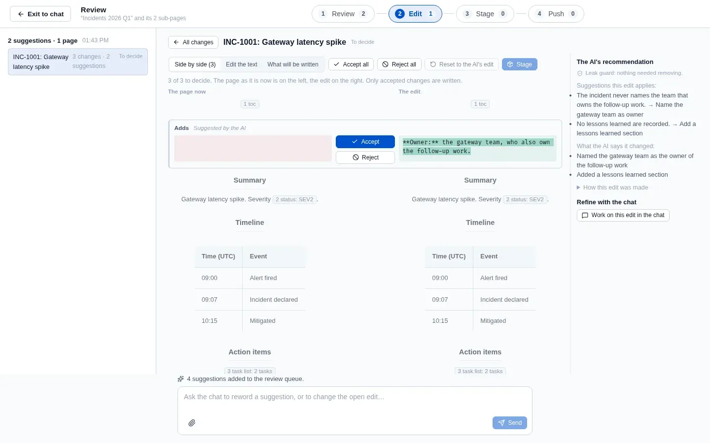 The Edit step: the list of edits, and one side by side with the AI's recommendation