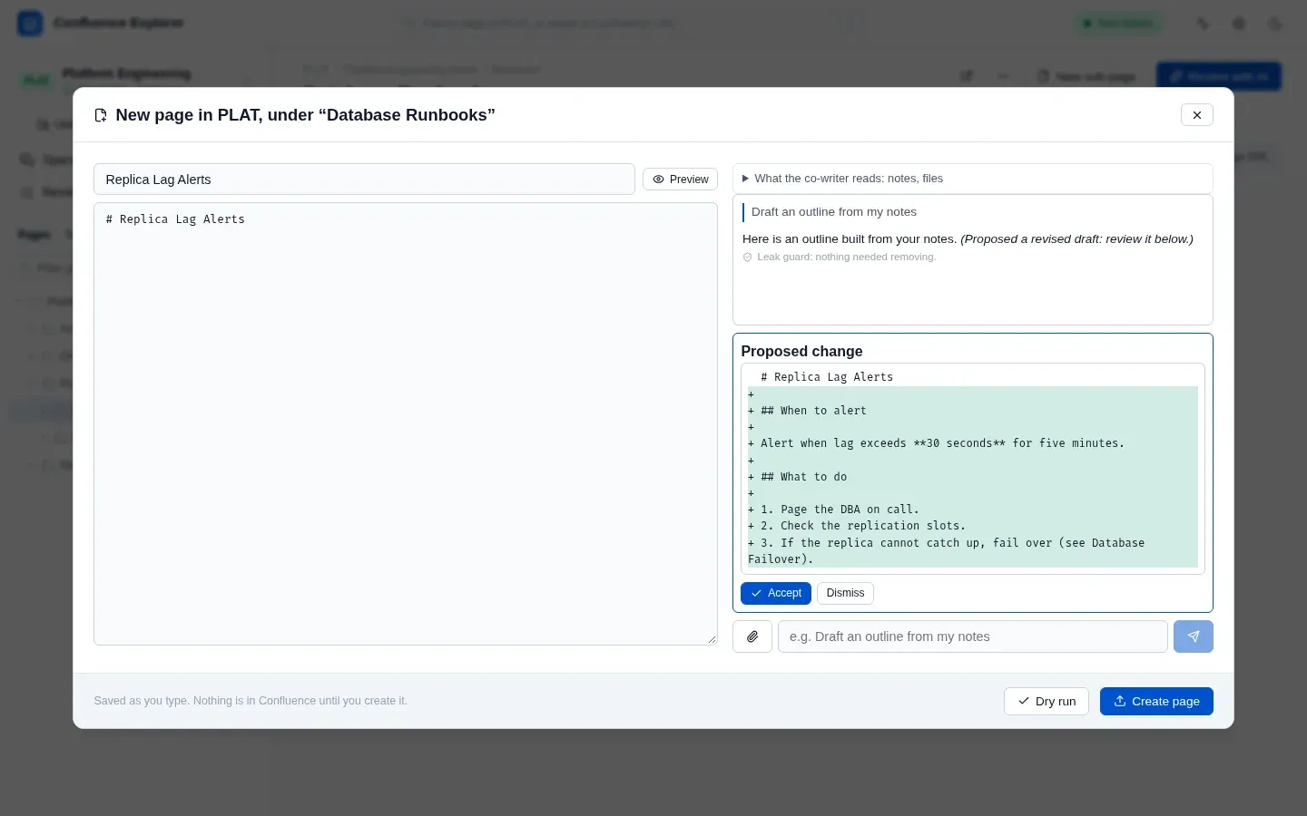 The draft editor, with a proposal from the AI shown as changes to accept or dismiss