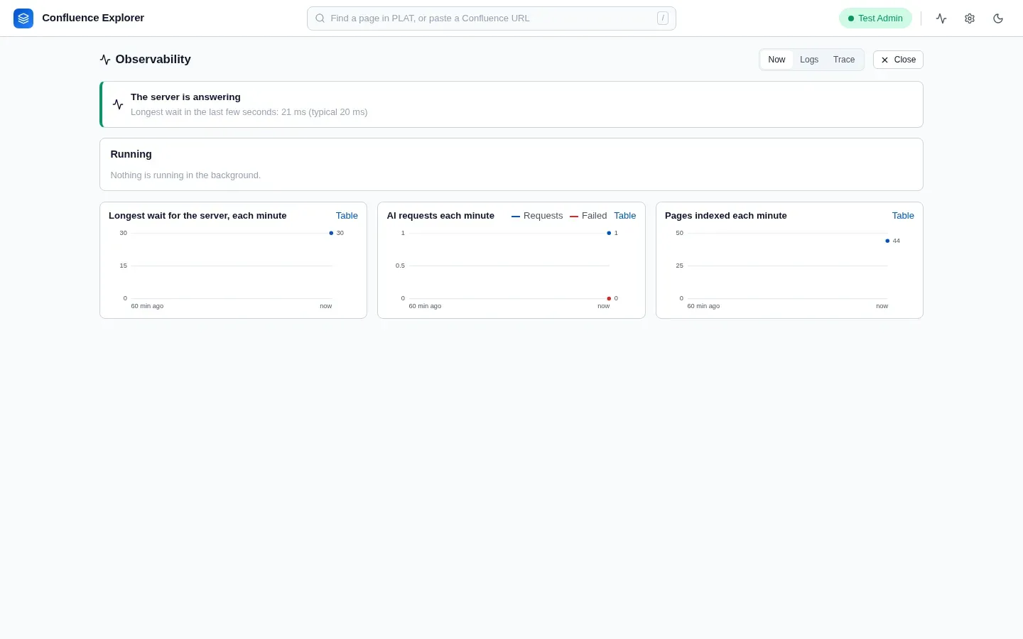 The Observability page showing running work and the server's response times