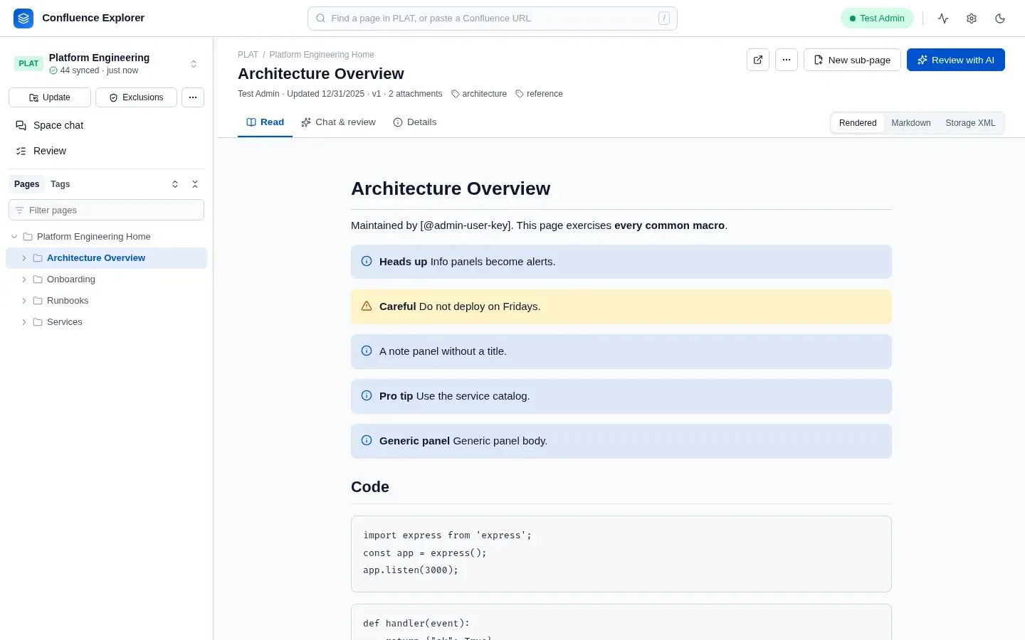 Confluence Explorer showing a page from the Platform Engineering space