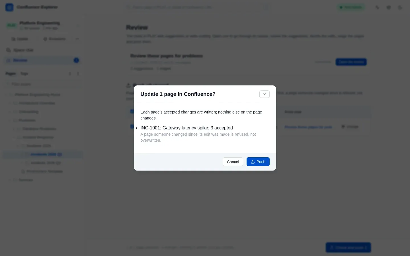 The confirmation before a push, naming the pages