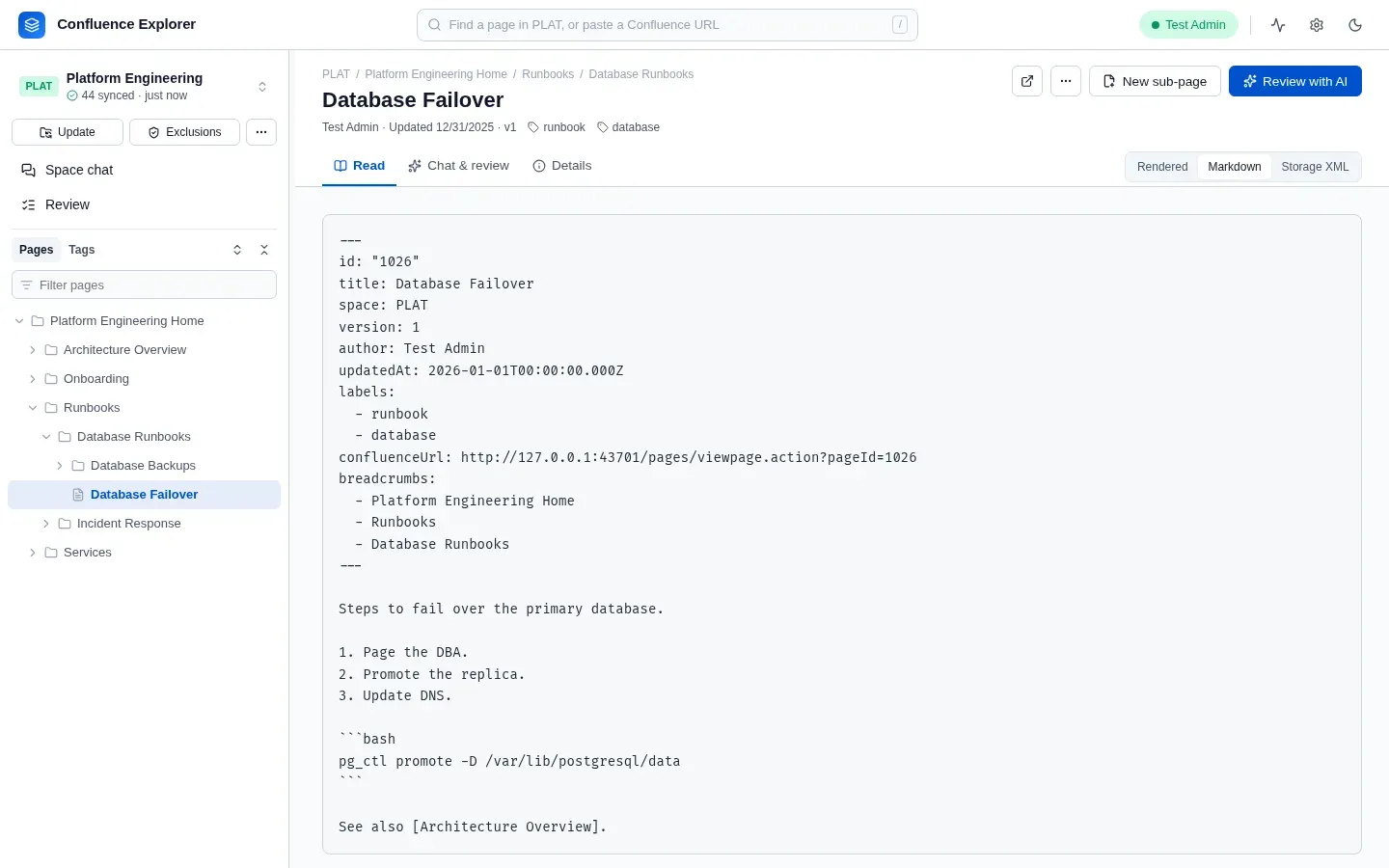 A page shown as Markdown, with its frontmatter at the top