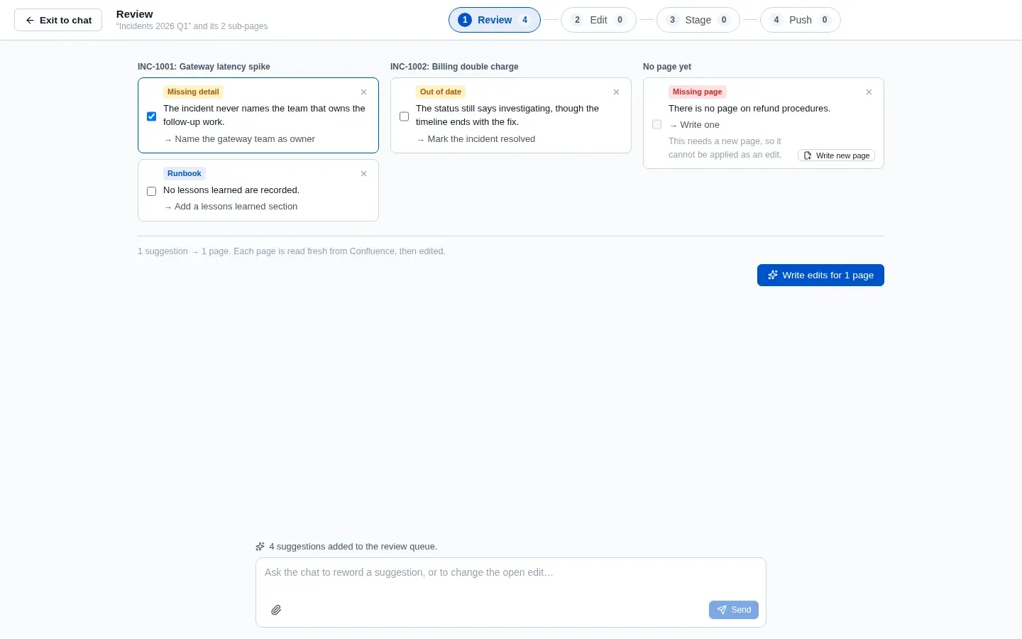 A chat's review open at its Review step, the suggestions grouped by page, one of them ticked