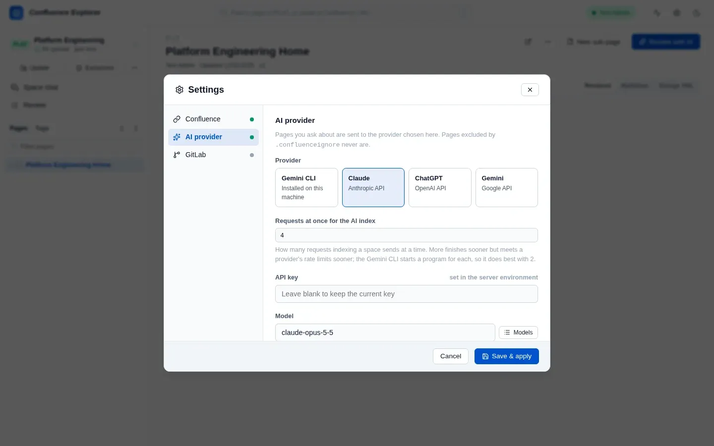 The AI provider settings, with a provider, key, model and endpoint