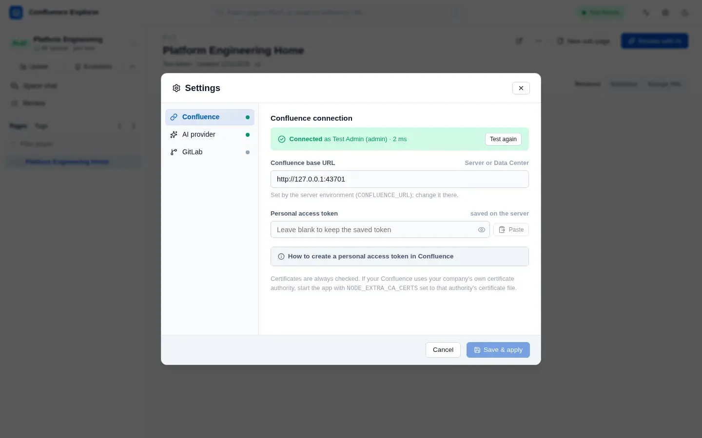 The Settings dialog, with the Confluence address and the personal access token