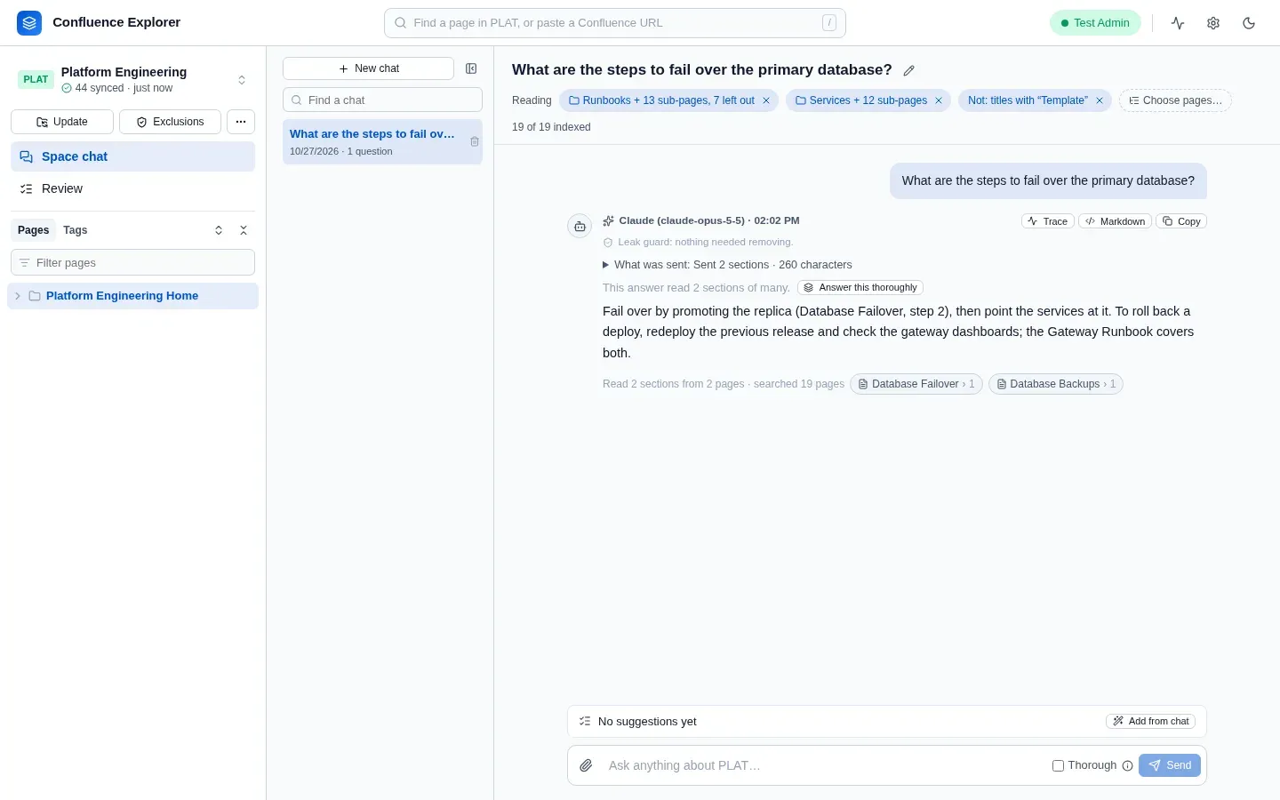 Space chat answering from the pages it reads, with the sections it read