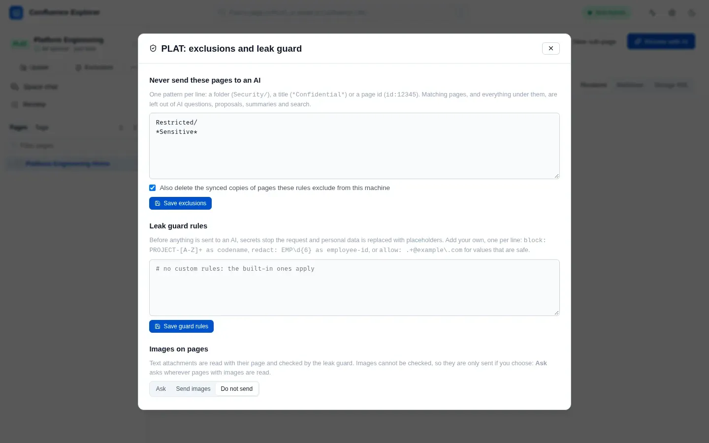 The exclusions and leak guard dialog for a space